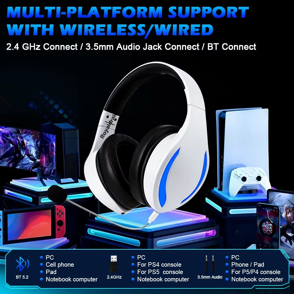 For PS5 Wireless Game Headset with Mic 2.4G Bluetooth-Compatible Headphone USB 3.5Mm Wired 3 Modes for Ps4/Switch/Mac/Pc/Lapto