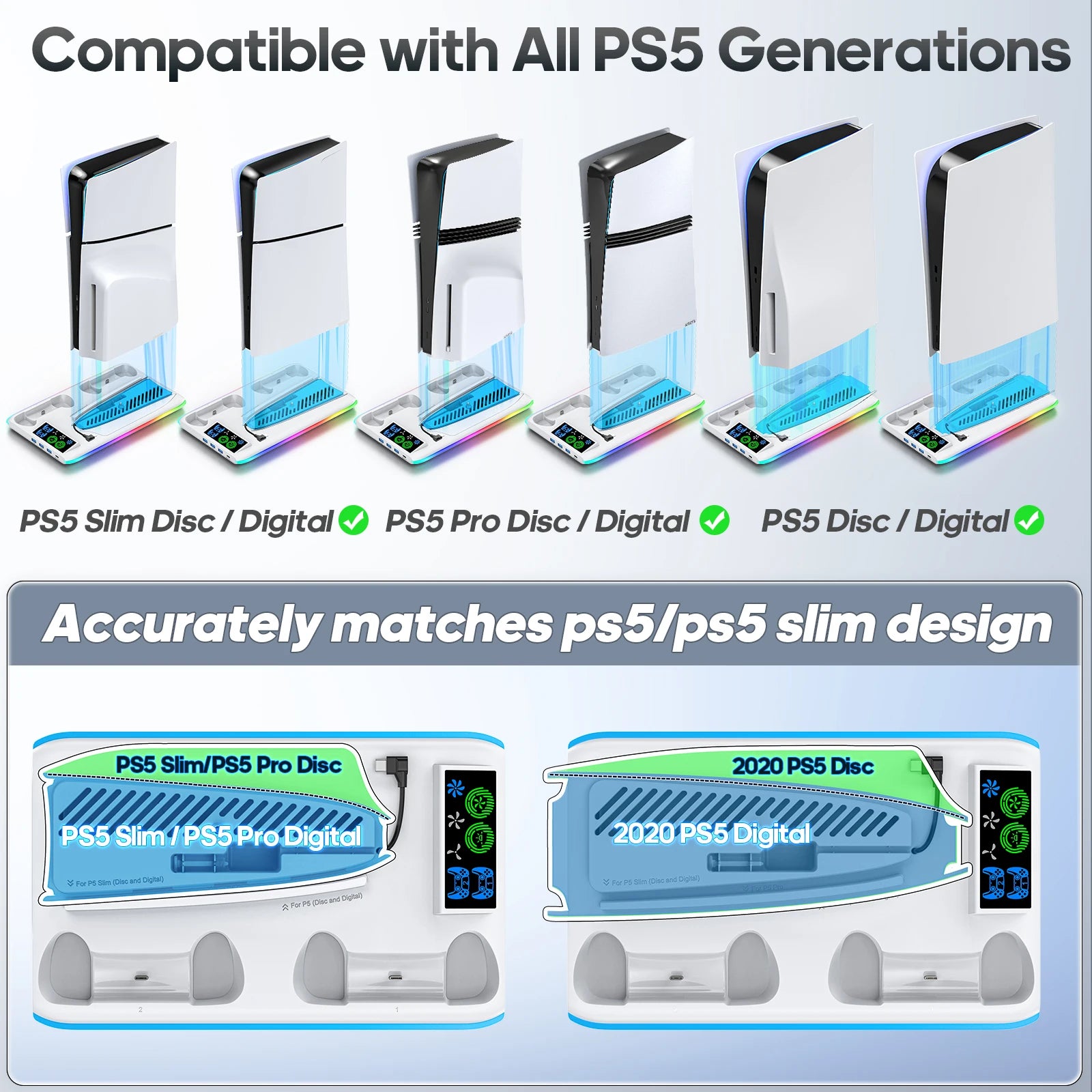 For PS5/PS5 Slim/Ps5 Pro Stand with Headphone Hook Cooling Stand & Controller Charging Station for PS5 with 3 Levels Cooling Fan