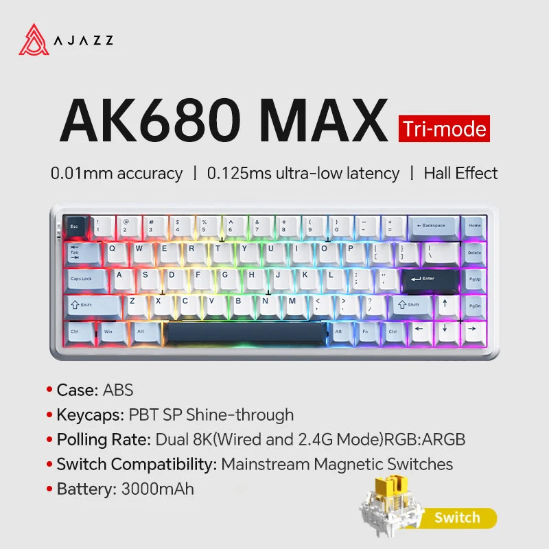 AK680 MAX Magnetic Switch Mechanical Keyboard 60% Rapid Trigger 0.01Mm 8K/1K Return 68 Keys Wired/Wireless Gaming Keybaord