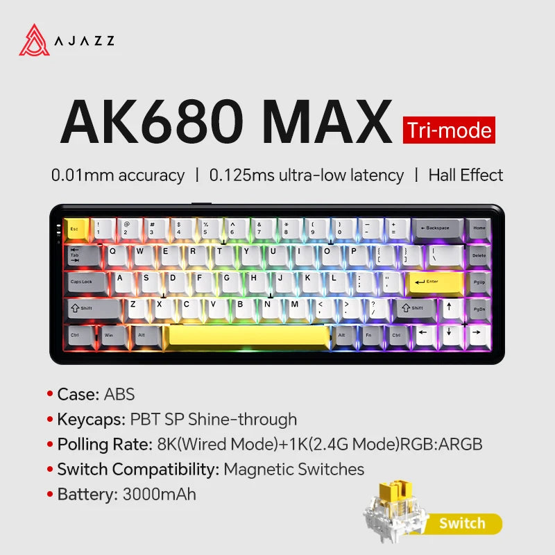 AK680 MAX Magnetic Switch Mechanical Keyboard 60% Rapid Trigger 0.01Mm 8K/1K Return 68 Keys Wired/Wireless Gaming Keybaord