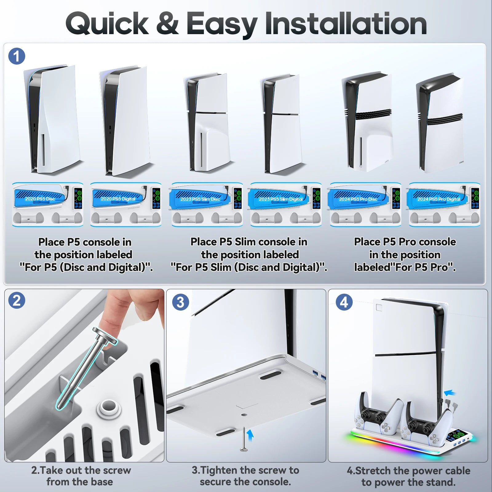 For PS5/PS5 Slim/Ps5 Pro Stand with Headphone Hook Cooling Stand & Controller Charging Station for PS5 with 3 Levels Cooling Fan