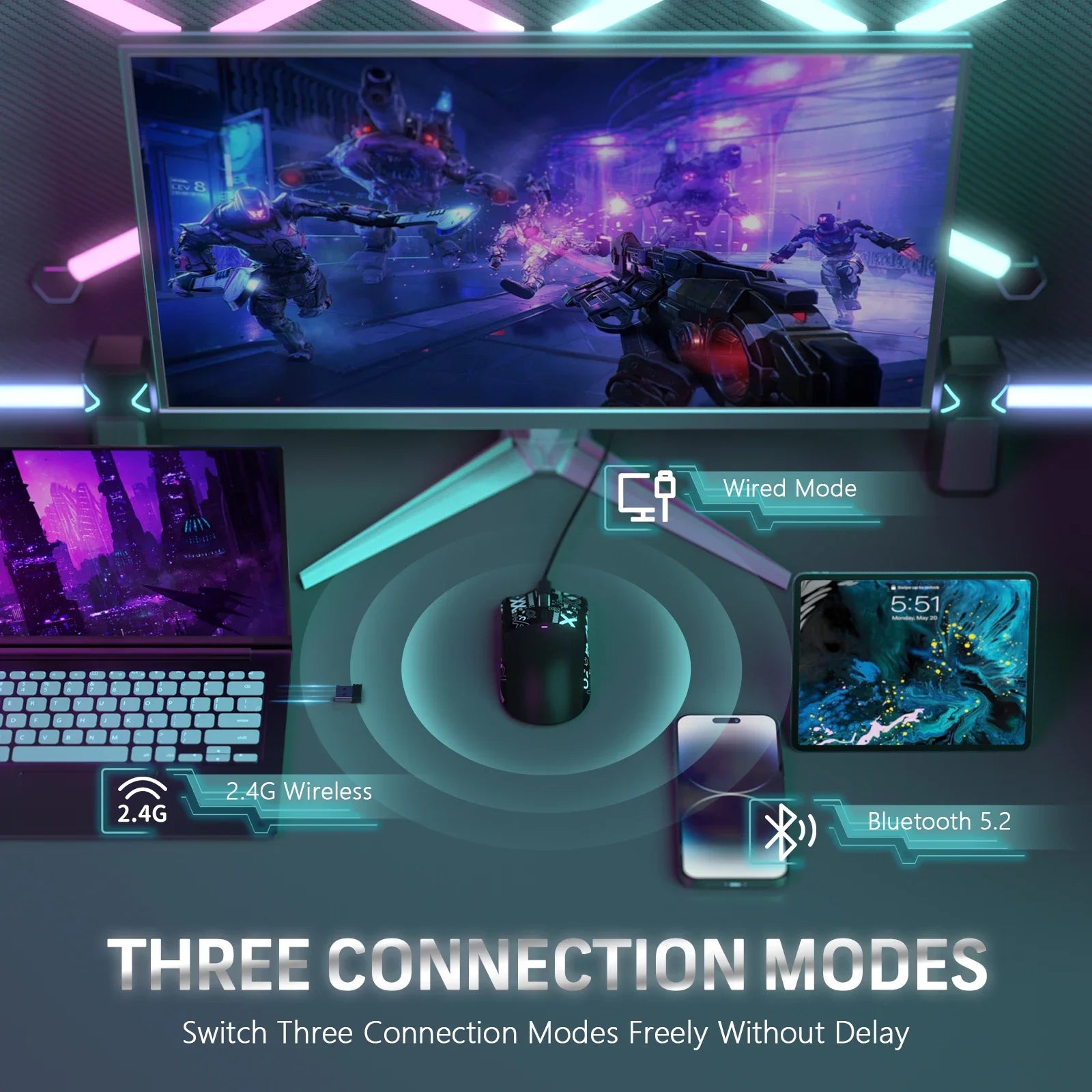 X11 Pixart PAW3311 Three Mode Wireless Gamer Mouse Charging Dock Gaming Sensor, BT/2.4G Wireless Mouse