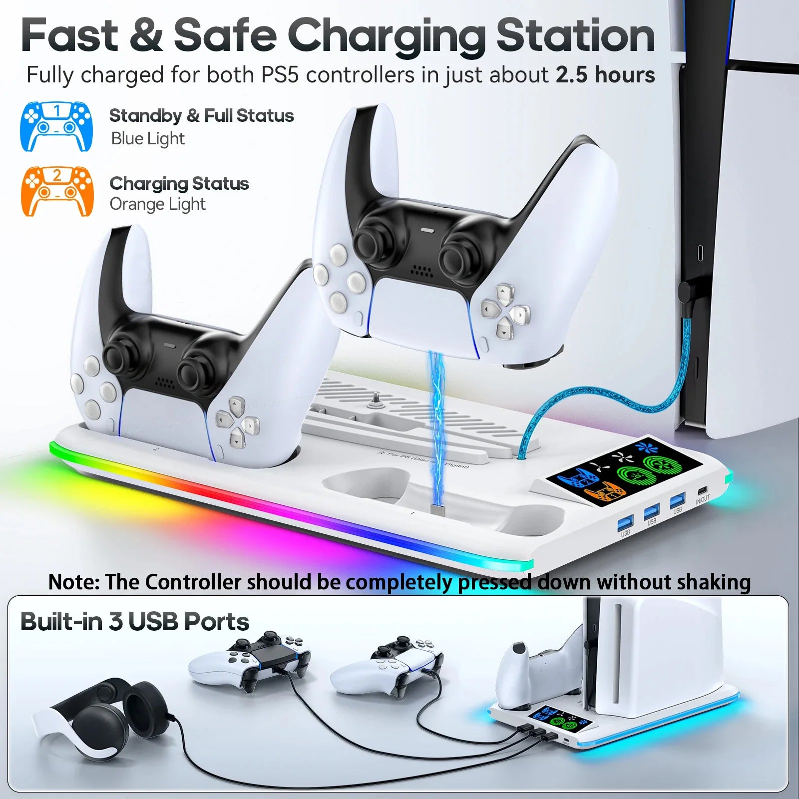 For PS5/PS5 Slim/Ps5 Pro Stand with Headphone Hook Cooling Stand & Controller Charging Station for PS5 with 3 Levels Cooling Fan
