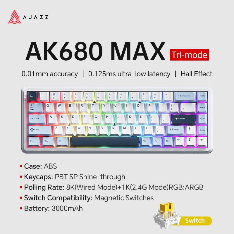 AK680 MAX Magnetic Switch Mechanical Keyboard 60% Rapid Trigger 0.01Mm 8K/1K Return 68 Keys Wired/Wireless Gaming Keybaord