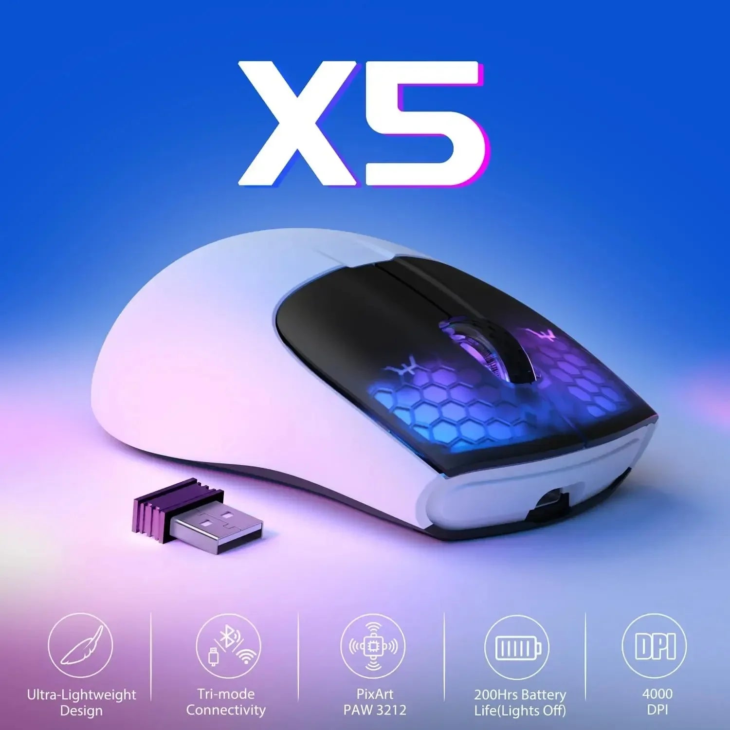 X5 Wreless Gaming Mouse,Bluetooth Tri-Mode,49G,Pixart Optical Sensor for Pc/Mac/Wins