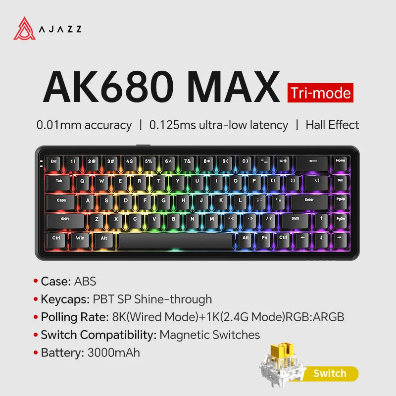 AK680 MAX Magnetic Switch Mechanical Keyboard 60% Rapid Trigger 0.01Mm 8K/1K Return 68 Keys Wired/Wireless Gaming Keybaord