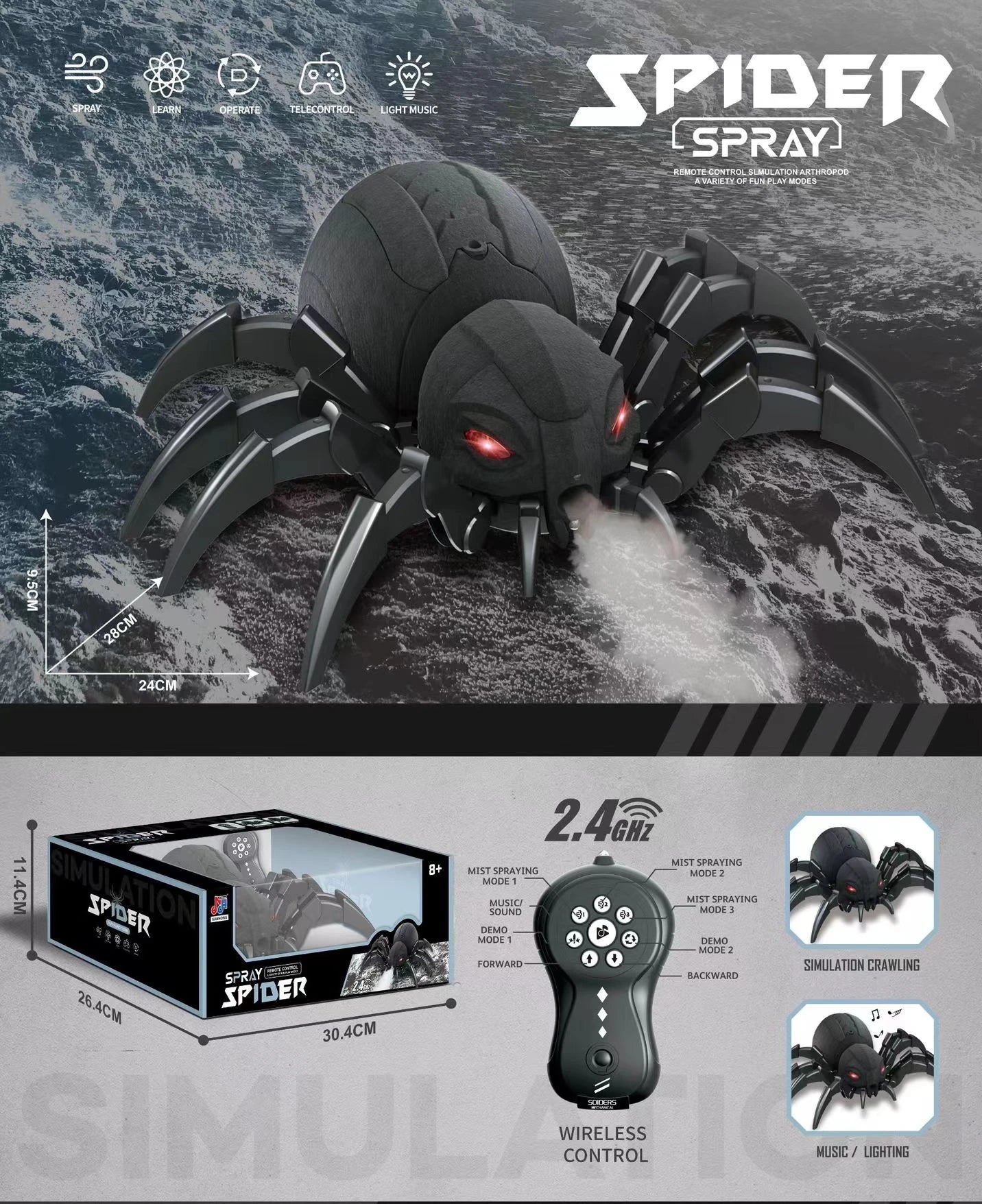 RC Spider Robot Remote Control Spider Toys with Spray/Light/Music Gifts for 6 -12 Year Old Boys Halloween Easter Toys for Kids