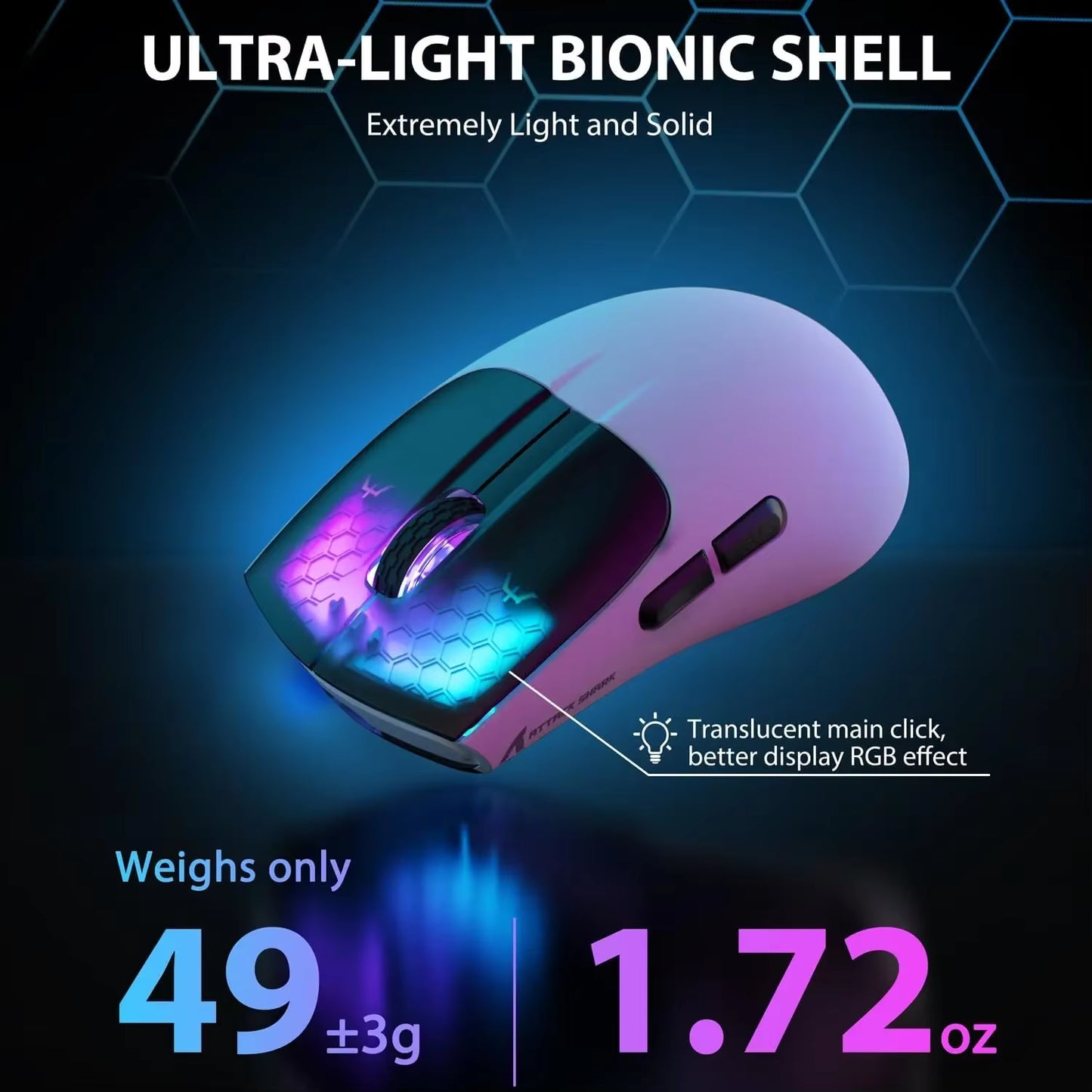 ATTACK SHARK X5 Tri-Mode Wireless Rechargeable Gaming Mouse, 49G Lightweight PAW3212 Optical Sensor GB LED Honeycomb Mouse