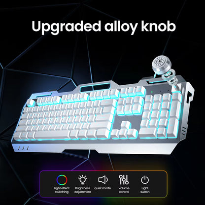 Wired Membrane Keyboard, USB All-Metal Panel Computer Keyboards with Multimedia Knob and Mobile Phone Holder,For Gaming
