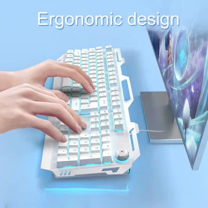 Wired Membrane Keyboard, USB All-Metal Panel Computer Keyboards with Multimedia Knob and Mobile Phone Holder,For Gaming