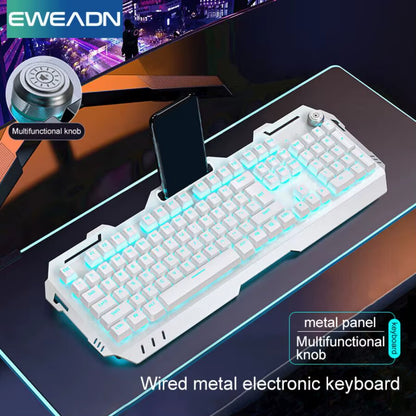 Wired Membrane Keyboard, USB All-Metal Panel Computer Keyboards with Multimedia Knob and Mobile Phone Holder,For Gaming