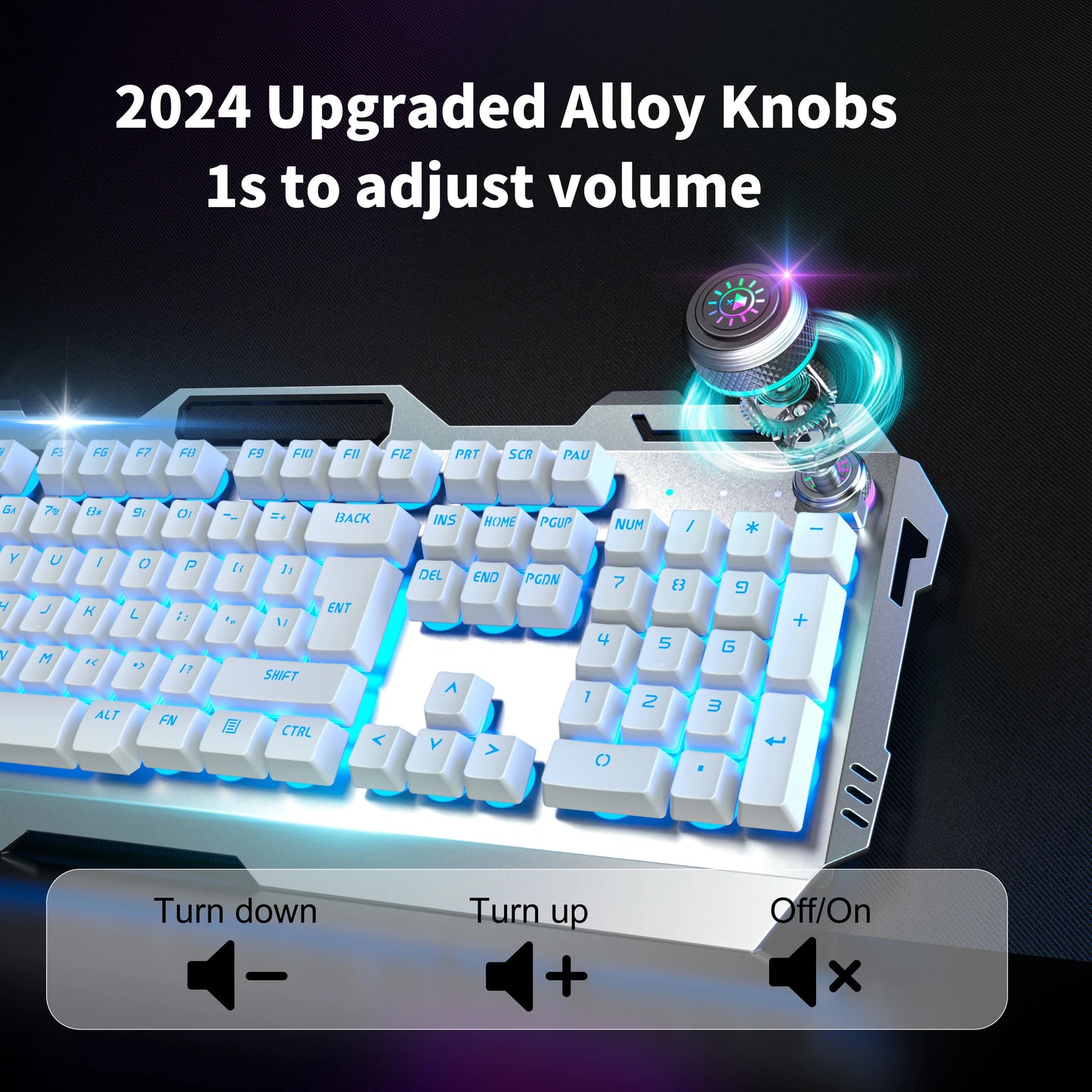 Wired Membrane Keyboard, USB All-Metal Panel Computer Keyboards with Multimedia Knob and Mobile Phone Holder,For Gaming