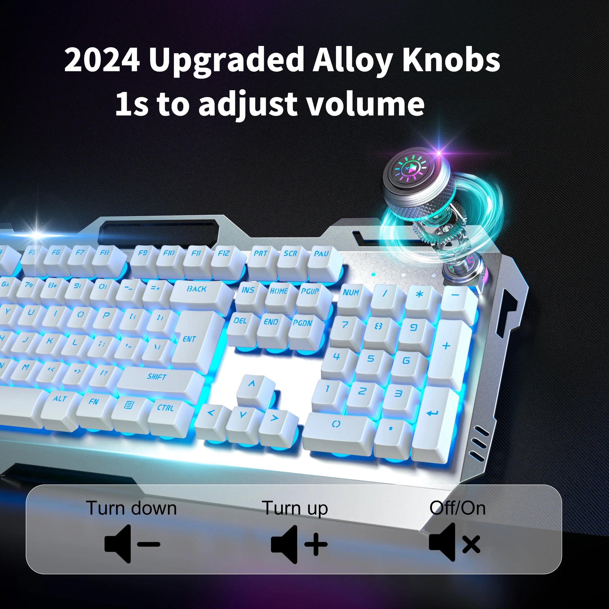 Wired Membrane Keyboard, USB All-Metal Panel Computer Keyboards with Multimedia Knob and Mobile Phone Holder,For Gaming