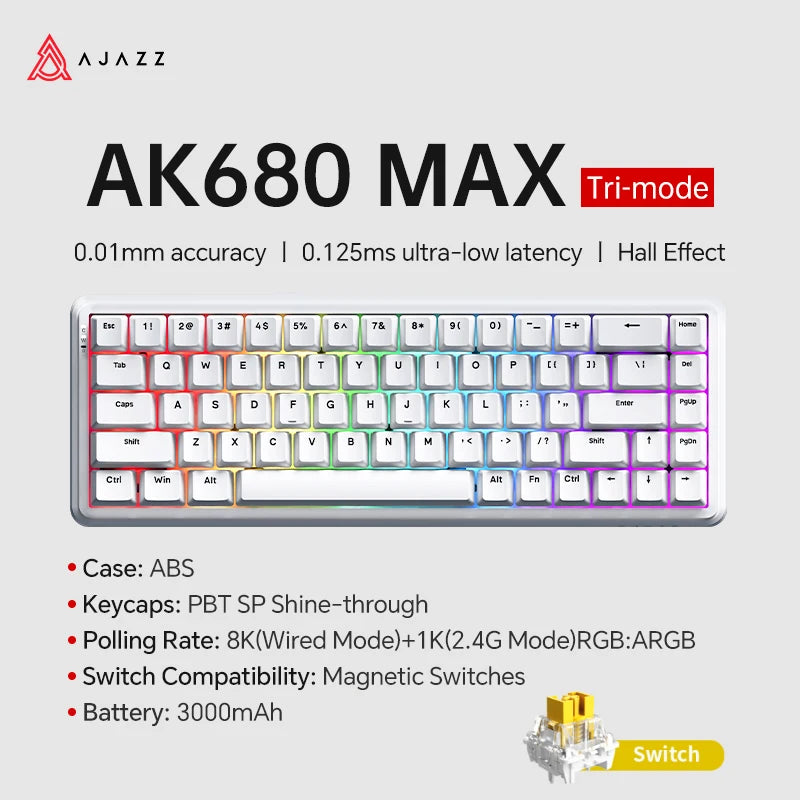 AK680 MAX Magnetic Switch Mechanical Keyboard 60% Rapid Trigger 0.01Mm 8K/1K Return 68 Keys Wired/Wireless Gaming Keybaord