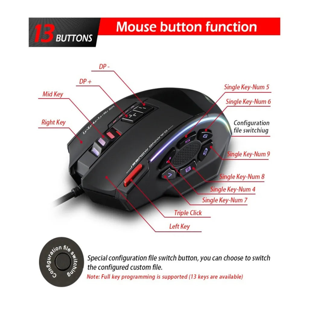 USB Wired Mouse Controller 10000 DPI Gaming Mouse Programmable Buttons Backlit Wired Gamer Mouse for Win7/8/10/11/Xp