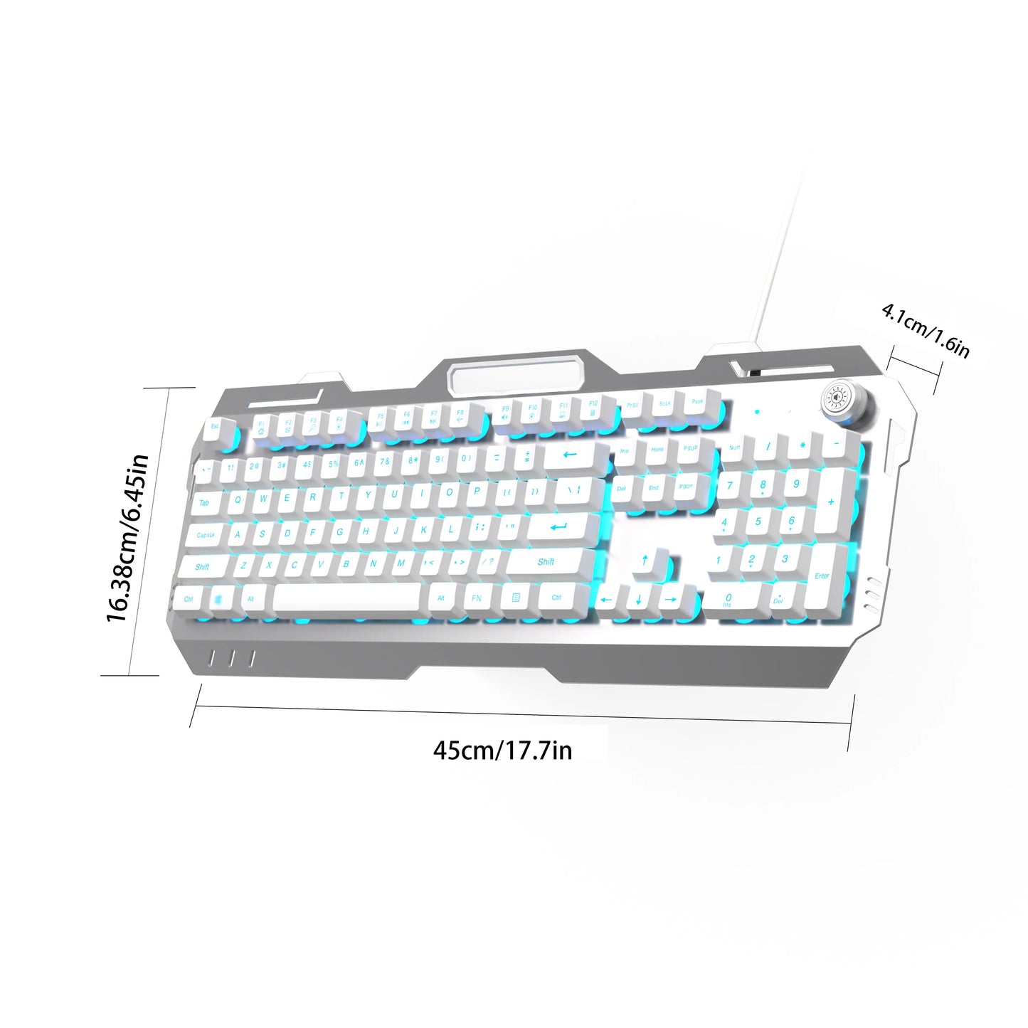 Wired Membrane Keyboard, USB All-Metal Panel Computer Keyboards with Multimedia Knob and Mobile Phone Holder,For Gaming