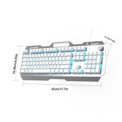 Wired Membrane Keyboard, USB All-Metal Panel Computer Keyboards with Multimedia Knob and Mobile Phone Holder,For Gaming