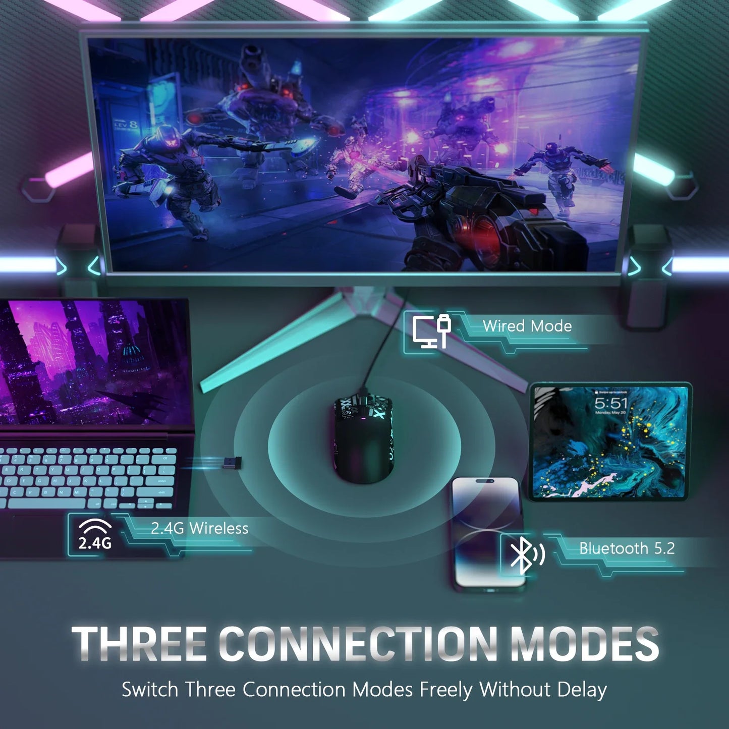 X11 Pixart PAW3311 Three Mode Wireless Gamer Mouse Charging Dock Gaming Sensor, BT/2.4G Wireless Mouse