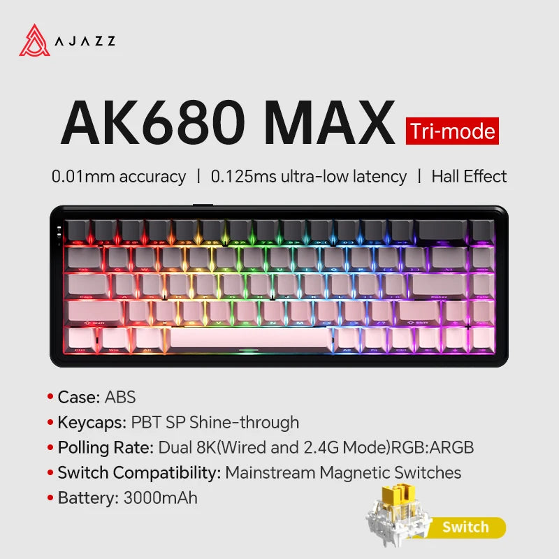 AK680 MAX Magnetic Switch Mechanical Keyboard 60% Rapid Trigger 0.01Mm 8K/1K Return 68 Keys Wired/Wireless Gaming Keybaord