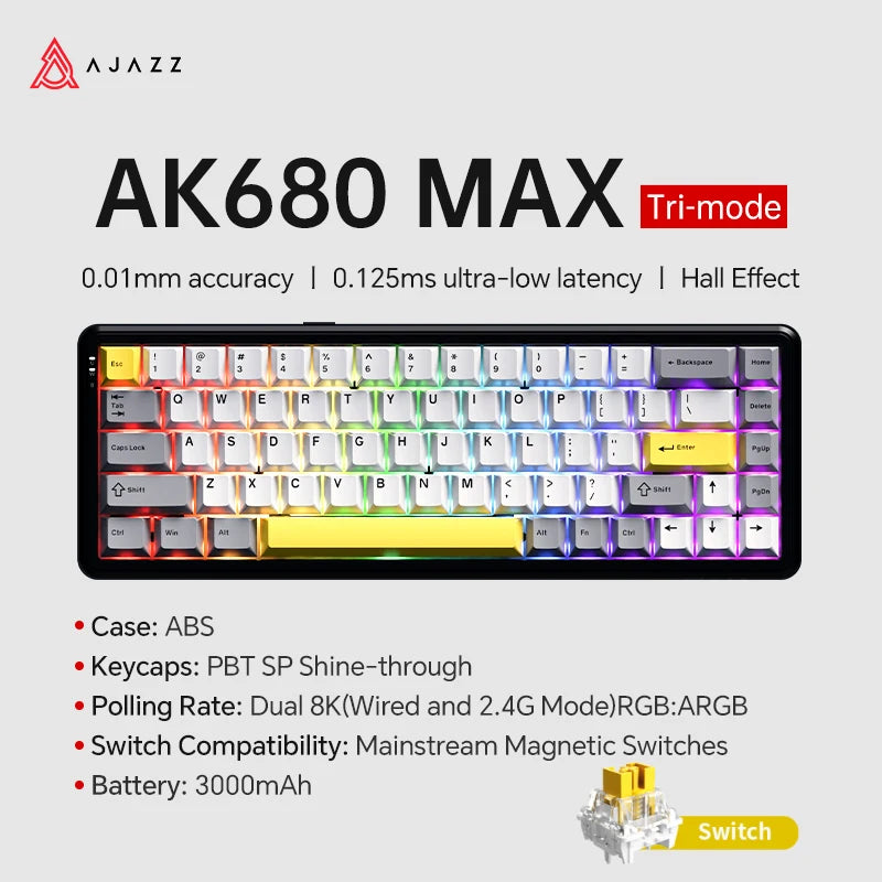AK680 MAX Magnetic Switch Mechanical Keyboard 60% Rapid Trigger 0.01Mm 8K/1K Return 68 Keys Wired/Wireless Gaming Keybaord