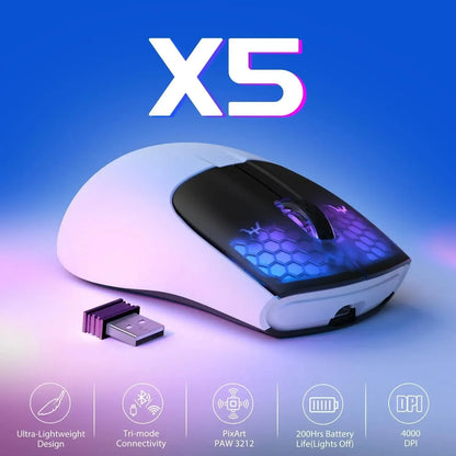 X5 Wreless Gaming Mouse,Bluetooth Tri-Mode,49G,Pixart Optical Sensor for Pc/Mac/Wins