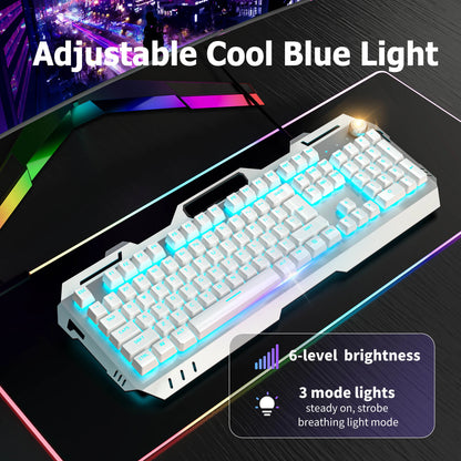 Wired Membrane Keyboard, USB All-Metal Panel Computer Keyboards with Multimedia Knob and Mobile Phone Holder,For Gaming